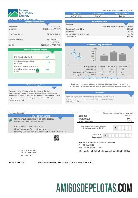 Em branco modelo de conta de serviços públicos de energia da Green Mountain Energy dos EUA em formatos Word e PDF